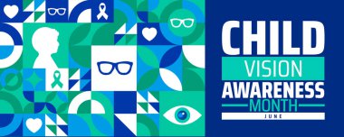 Çocuk Görme Bilinci Ay arkaplan afişi veya poster tasarımı şablonu. Her yıl haziran ayında gözlemlenir. Tatil konsepti. Herhangi bir şablon, kart, poster, pankart, şablon kullan.