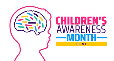 Çocuk Farkındalığı Ayı afişi veya poster tasarımı şablonu. Her yıl haziran ayında gözlemlenir. Tatil konsepti. Herhangi bir şablon, kart, poster, pankart, şablon kullan.