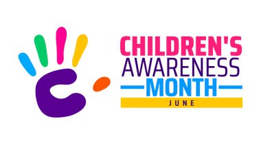 Çocuk Farkındalığı Ayı afişi veya poster tasarımı şablonu. Her yıl haziran ayında gözlemlenir. Tatil konsepti. Herhangi bir şablon, kart, poster, pankart, şablon kullan.