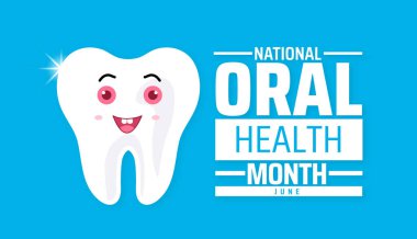 Ulusal Ağız Sağlığı Ayı afişi veya poster tasarımı şablonu. Her yıl haziran ayında gözlemlenir. Tatil konsepti. Herhangi bir şablon, kart, poster, pankart, şablon kullan.