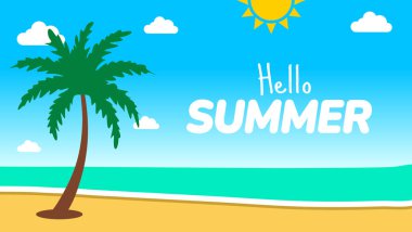 Merhaba Summer Beach Sunset Banner. Palmiye ağaçları, okyanus, yelkenliler ve tropikal tatil için batan güneşin düz tasarımı. yaz arkaplanı ya da pankart tasarım şablonu.