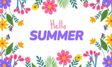 Merhaba Yaz Sancağı ya da egzotik çiçekler ve gür yapraklı arka plan. Tropikal Bitkilerle Neşeli Mevsimlik Tasarım. Sıcak Hava Karşılaması İçin Canlı Renkler.