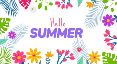 Merhaba Yaz Sancağı ya da egzotik çiçekler ve gür yapraklı arka plan. Tropikal Bitkilerle Neşeli Mevsimlik Tasarım. Sıcak Hava Karşılaması İçin Canlı Renkler.