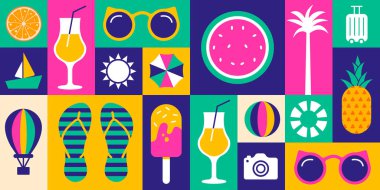 Yaz Simgeleri Kolaj geometrik şekil arka planı, afiş veya poster tasarımı. Tropikal Meyveler, Plaj Ögeleri ve Mevsimsel Selamlamalar İçin Seyahat Sembolleri ile Canlı Düz Tasarım Çizimi.