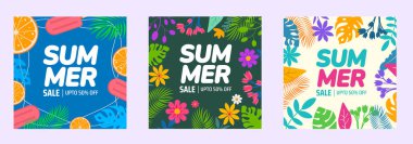 Yaz Satışı Grafik Koleksiyonu sosyal medya afişi. Canlı Düz Tasarım Sancakları Tropikal Elementler ve Mevsimlik Terfiler İçin Çiçek Örnekleri. arkaplan veya pankart paketi.