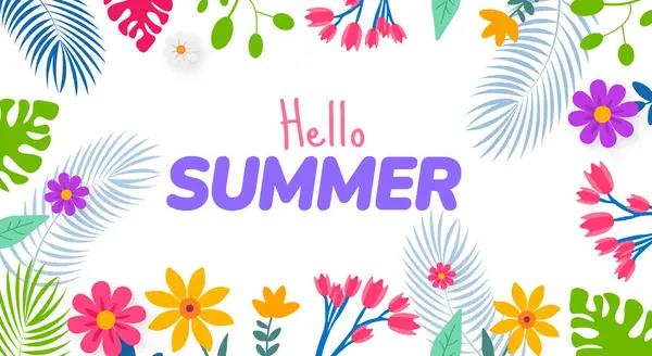 Merhaba Yaz Sancağı ya da egzotik çiçekler ve gür yapraklı arka plan. Tropikal Bitkilerle Neşeli Mevsimlik Tasarım. Sıcak Hava Karşılaması İçin Canlı Renkler.