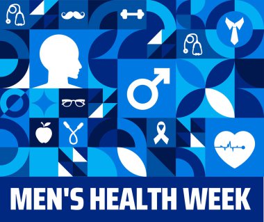 Erkek Sağlığı Haftası Geometrik şekilli arka plan afişi veya poster tasarım şablonu. Her yıl haziran ayında gözlemlenir. Tatil konsepti. Herhangi bir şablon, kart, poster, pankart, şablon kullan.