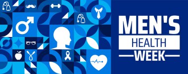 Erkek Sağlığı Haftası Geometrik şekilli arka plan afişi veya poster tasarım şablonu. Her yıl haziran ayında gözlemlenir. Tatil konsepti. Herhangi bir şablon, kart, poster, pankart, şablon kullan.