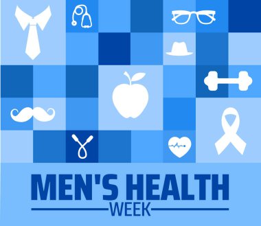 Erkek Sağlığı Haftası Geometrik şekilli arka plan afişi veya poster tasarım şablonu. Her yıl haziran ayında gözlemlenir. Tatil konsepti. Herhangi bir şablon, kart, poster, pankart, şablon kullan.