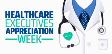 Sağlık Hizmetleri Yöneticileri Değerlendirme Haftası Geometrik şekil arka plan pankartı veya poster tasarım şablonu. Her yıl haziran ayında gözlemlenir. Tatil konsepti. Herhangi bir şablon, kart, poster, pankart kullan.