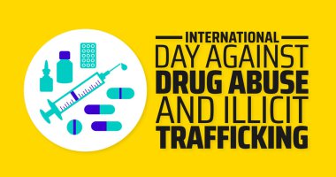 Uyuşturucu ve Kaçakçılığa Karşı Uluslararası Gün afişi veya poster tasarım şablonu. Her yıl haziran ayında gözlemlenir. Tatil konsepti. Herhangi bir şablon, kart, poster, pankart kullan.