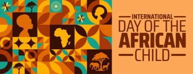 Afrikalı çocukların Uluslararası Günü Geometrik şekilli arka plan afişi veya poster tasarım şablonu. Her yıl haziran ayında gözlemlenir. Tatil konsepti. Herhangi bir şablon, kart, poster, pankart kullan.