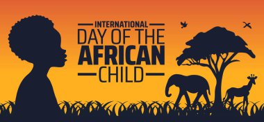 Uluslararası Afrikalı çocuk arkaplan afişi ya da poster tasarım şablonu günü. Her yıl haziran ayında gözlemlenir. Tatil konsepti. Herhangi bir şablon, kart, poster, pankart, şablon kullan.