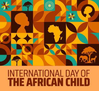 Afrikalı çocukların Uluslararası Günü Geometrik şekilli arka plan afişi veya poster tasarım şablonu. Her yıl haziran ayında gözlemlenir. Tatil konsepti. Herhangi bir şablon, kart, poster, pankart kullan.
