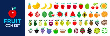 Renkli Vektör Meyve Simgesi Ayarları. Bereket, tropikal meyve, narenciye ve yiyecek ve beslenme paketleri gibi canlı ve sağlıklı ürünlerden oluşan bir koleksiyon. Meyve ikonları. meyve demeti.