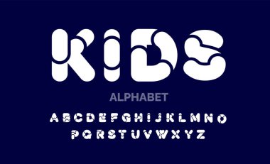 Oyuncu, komik, modern çocuklar beyaz, a 'dan z' ye alfabe tipografi harf yazı tipi tasarımı seti. Alfabe harfleri. Festivallere giderdik. Cümleler, doğum günü, tebrik kartı, poster ve afişler için teşekkür ederdik..