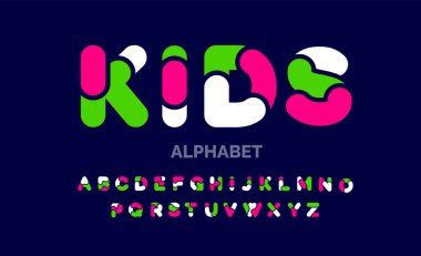 Oyuncu, komik, modern çocuklar, renkli, alfabeden z alfabesine yazı tipi dizaynı seti. Alfabe harfleri. Festivallere giderdik. Cümleler, doğum günü, tebrik kartı, poster ve afişler için teşekkür ederdik..