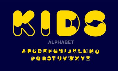 Oyuncu, komik, modern çocuklar sarı A 'dan Z' ye alfabe tipografi harf yazı tipi tasarımı seti. Alfabe harfleri. Festivallere giderdik. Cümleler, doğum günü, tebrik kartı, poster ve afişler için teşekkür ederdik..