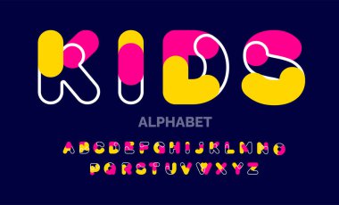 Oyuncu, komik, modern çocuklar, renkli, alfabeden z alfabesine yazı tipi dizaynı seti. Alfabe harfleri. Festivallere giderdik. Cümleler, doğum günü, tebrik kartı, poster ve afişler için teşekkür ederdik..