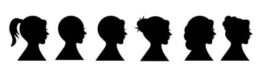 Kadın Baş Siluet Simgesi Ayarlandı. Kullanıcı Temsili simgesi için Çeşitli Saç Tarzlı Çeşitli Kadın Profil Görselleri. Kadınlar, kadınlar ya da kızlar Dış hatlar ve Siluet simgesi seti.