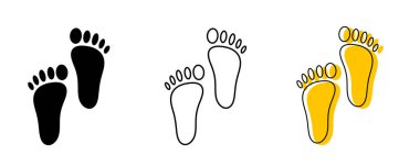 İnsan Ayak İzleri Simgesi Ayarlandı. Black Silhouette, Outline, and Yellow form vektör Illustrations for Walk, Path, Journey, and Baby Feet Concepts. Ayak izi Çizgisi ve Siluet simgesi.