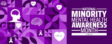 Ulusal Azınlık Akıl Sağlığı Bilinci Ay Geometrik şekil arka plan afişi veya poster tasarım şablonu. Her yıl temmuzda gözlemlenir. Tatil konsepti. Herhangi bir şablon, kart, poster kullan.