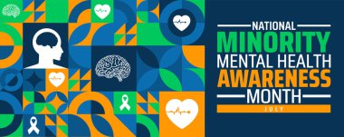 Ulusal Azınlık Akıl Sağlığı Bilinci Ay Geometrik şekil arka plan afişi veya poster tasarım şablonu. Her yıl temmuzda gözlemlenir. Tatil konsepti. Herhangi bir şablon, kart, poster kullan.