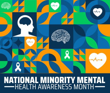 Ulusal Azınlık Akıl Sağlığı Bilinci Ay Geometrik şekil arka plan afişi veya poster tasarım şablonu. Her yıl temmuzda gözlemlenir. Tatil konsepti. Herhangi bir şablon, kart, poster kullan.