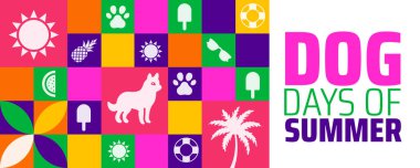 Köpek Yaz Günleri Geometrik şekilli Köpek, Pençe İzleri, Palmiye Ağacı ve Yaz Hava Durumu Eğlencesi Simgeleri ile Renkli Vektör Arkaplanı.