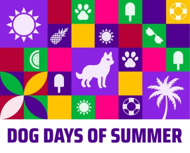 Köpek Yaz Günleri Geometrik şekilli Köpek, Pençe İzleri, Palmiye Ağacı ve Yaz Hava Durumu Eğlencesi Simgeleri ile Renkli Vektör Arkaplanı.