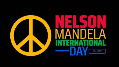 Nelson Mandela Uluslararası Günü arkaplan ya da pankart tasarımı Siyah Arkaplanda Renkli Tipografi ile Cesur Barış Sembolü, Küresel Adalet ve Uyumu Destekliyor.