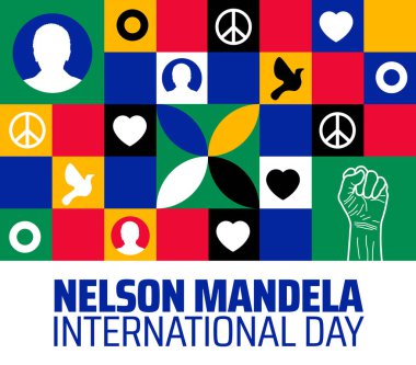 Nelson Mandela Uluslararası Gündüz Sancağı veya Küresel Adalet ve Eşitlik İçin Renkli Mozaik, Kalp ve Yumruk Sembolleri.