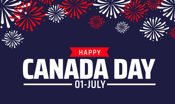 Поздравляем с Днем Канады, баннер или плакат с фейерверком в красно-белом цвете на темно-синем фоне для Национального праздника 1 июля!.