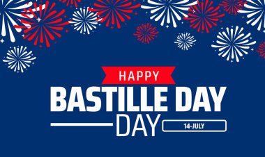 Bastille Günü arkaplanınız ya da afiş tasarımınız kutlu olsun. Koyu Mavi Arkaplanda Patlayan Kırmızı ve Beyaz Havai fişekler, 14 Temmuz 'da Fransa Ulusal Bayramını Kutluyor.