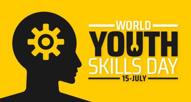 Dünya Gençlik Yetenekleri Günü arkaplanı ya da afiş tasarımı. Sarı Arkaplanda Gear Simgesi olan İnsan Başı Silueti, Eğitim ve Geliştirmeyi Sembolize Ediyor.