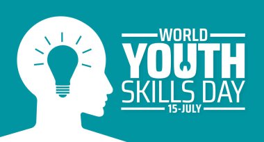 Dünya Gençlik Yetenekleri Günü arkaplanı ya da afiş tasarımı. Teal Arkaplanda Ampul Simgesine sahip İnsan Başı Silueti Fikirleri Sembolize Etme, Öğrenme ve İnovasyon.