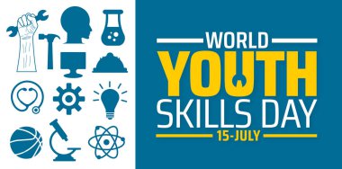 Dünya Gençlik Yetenekleri Günü arkaplanı ya da afiş tasarımı. Çeşitli Yetenek Simgeleri Araçlar, Bilim, Teknoloji, Spor, Yarı Beyaz, Yarı Mavi Arkaplan üzerine Tıp.