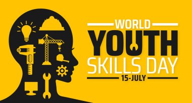 Dünya Gençlik Yetenekleri Günü arkaplanı ya da afiş tasarımı. Yetenek Simgeleri Ampul, İnşaat, Aletler, Sarı Arkaplan Teknolojisi ile İnsan Başı Silueti.