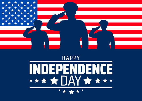 Счастливого дня рождения, или дизайн баннера. Три отдающих честь военным силуэтам на фоне американского флага, почитающих свободу.