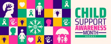 Aile refahını, ebeveynlik desteğini ve çocuk haklarını destekleyen koyu mor metin, kurdele, kalp ve sembolik simgelerin yer aldığı çocuk desteği arka planı veya afiş veya poster tasarımı.