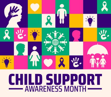 Aile refahını, ebeveynlik desteğini ve çocuk haklarını destekleyen koyu mor metin, kurdele, kalp ve sembolik simgelerin yer aldığı çocuk desteği arka planı veya afiş veya poster tasarımı.