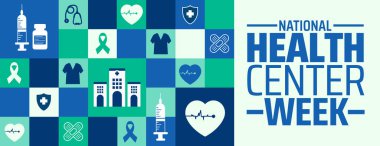 Ulusal Sağlık Merkezi Haftası Geometrik şekilli arka plan, afiş ya da poster tasarım şablonu. Ağustosta her yıl gözlemlenir. Tatil konsepti. Herhangi bir şablon, kart, poster, pankart, şablon kullan.