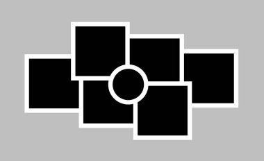 Altı siyah dikdörtgenli soyut fotoğraf çerçevesi kolaj vektörü ve gri arkaplan üzerine beyaz olarak özetlenmiş merkezi bir daire, modern geometrik bir görüntü sunumu sunar.