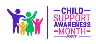 Çocuk Desteği Bilinci Ay arka planı, afiş veya poster tasarım şablonu. Ağustosta her yıl gözlemlenir. Tatil konsepti. Herhangi bir şablon, kart, poster, pankart, şablon kullan.