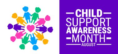 Çocuk Desteği Bilinci Ay arka planı, afiş veya poster tasarım şablonu. Ağustosta her yıl gözlemlenir. Tatil konsepti. Herhangi bir şablon, kart, poster, pankart, şablon kullan.