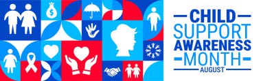 Çocuk Desteği Farkındalığı Ay Geometrik şekil arkaplanı, afiş veya poster tasarım şablonu. Ağustosta her yıl gözlemlenir. Tatil konsepti. Herhangi bir şablon, kart, poster, pankart, şablon kullan