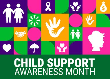 Çocuk Desteği Farkındalığı Ay Geometrik şekil arkaplanı, afiş veya poster tasarım şablonu. Ağustosta her yıl gözlemlenir. Tatil konsepti. Herhangi bir şablon, kart, poster, pankart, şablon kullan