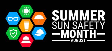 Yaz güneşi güvenliği ay sonu, afiş ya da poster tasarımı şablonu. Ağustosta her yıl gözlemlenir. Tatil konsepti. Herhangi bir şablon, kart, poster, pankart, şablon kullan.