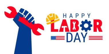 İşçi Bayramı arkaplanı, afiş, kart ya da poster tasarımı şablonu İnşaat araçları, güvenlik kaskı, endüstriyel makineler. vektör illüstrasyonu.