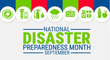 Her yıl Eylül ayında, görev hakkındaki farkındalığı artırmak amacıyla, ulusal afet hazırlığı ay sonu arka planı, afişi, kart veya poster tasarım şablonu gözlemlenmektedir. Vektör illüstrasyonu.